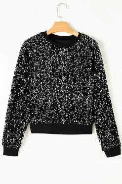 Hot Dear-Lover Sequined Long Sleeve Crew Neck Cropped Blouse Black