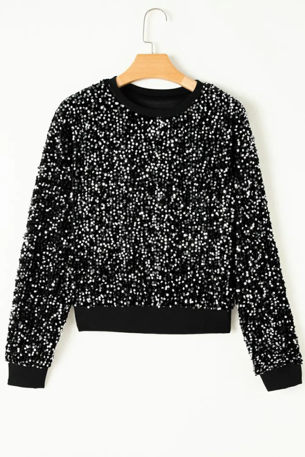 Hot Dear-Lover Sequined Long Sleeve Crew Neck Cropped Blouse Black