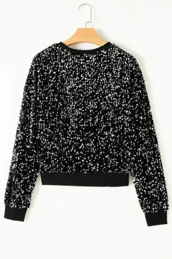 Hot Dear-Lover Sequined Long Sleeve Crew Neck Cropped Blouse Black