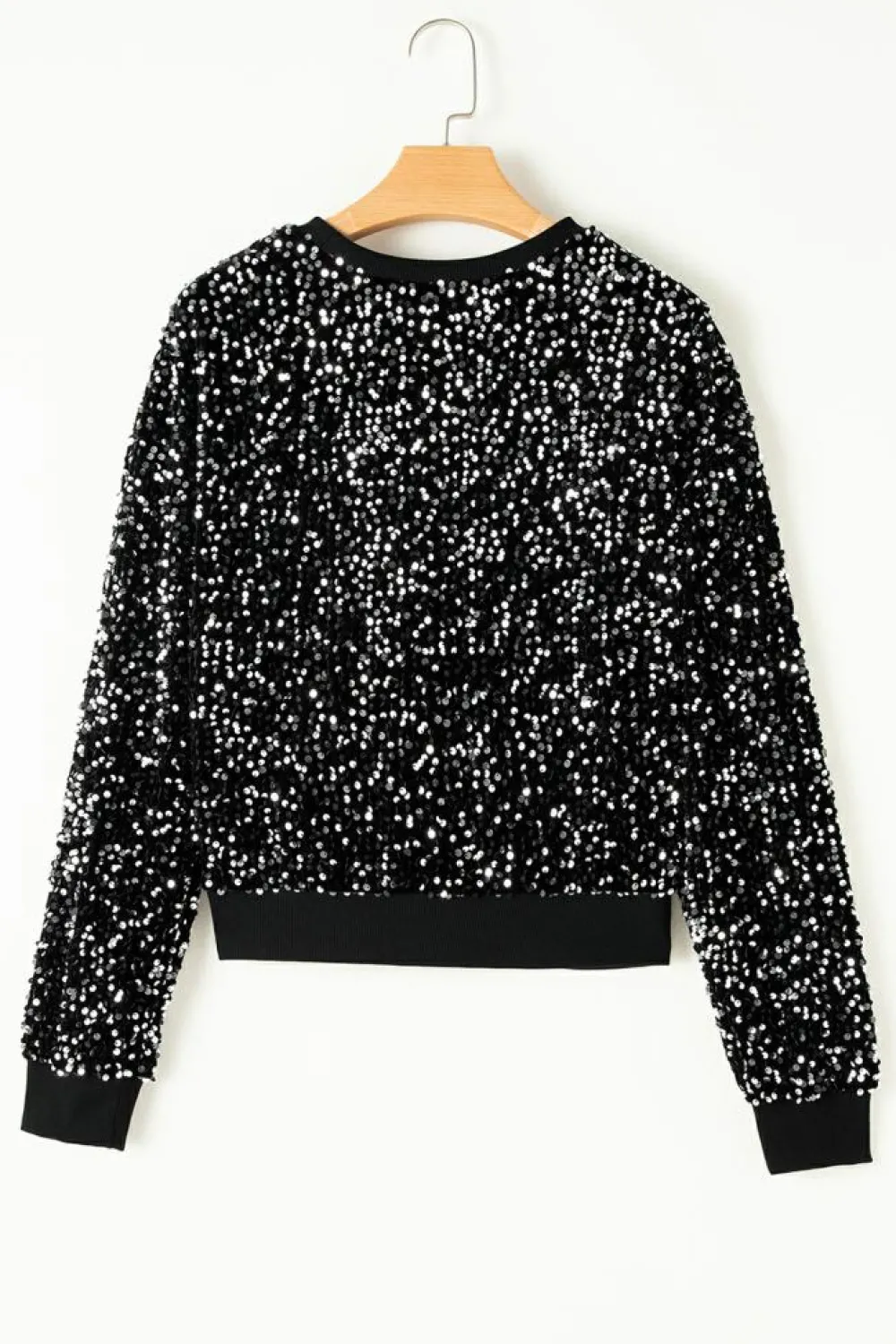 Hot Dear-Lover Sequined Long Sleeve Crew Neck Cropped Blouse Black