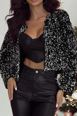 Hot Dear-Lover Sequined Open Front Cropped Jacket Black