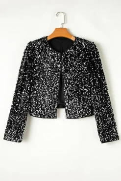 Hot Dear-Lover Sequined Open Front Cropped Jacket Black