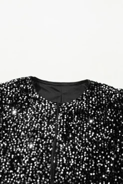 Hot Dear-Lover Sequined Open Front Cropped Jacket Black