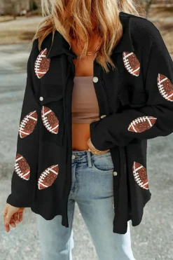 Outlet Dear-Lover Sequined Rugby Flap Pockets Buttoned Shacket Black