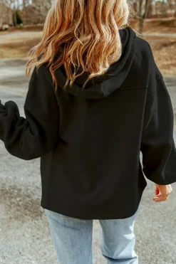 Hot Dear-Lover Sequined Rugby Football Pattern Pocketed Zipper Hooded Jacket Black
