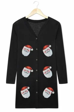Online Dear-Lover Sequined Santa Claus Button Up Cardigan Black
