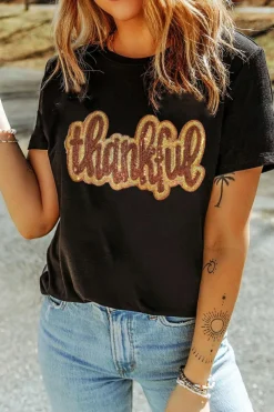 Best Dear-Lover Sequined Thankful Round Neck Graphic Tee Black
