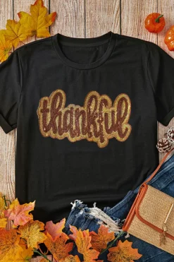 Best Dear-Lover Sequined Thankful Round Neck Graphic Tee Black