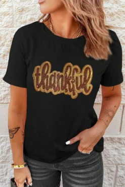 Best Dear-Lover Sequined Thankful Round Neck Graphic Tee Black