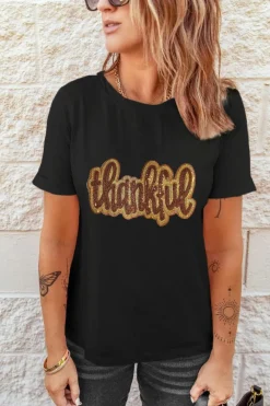 Best Dear-Lover Sequined Thankful Round Neck Graphic Tee Black