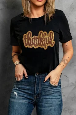 Best Dear-Lover Sequined Thankful Round Neck Graphic Tee Black