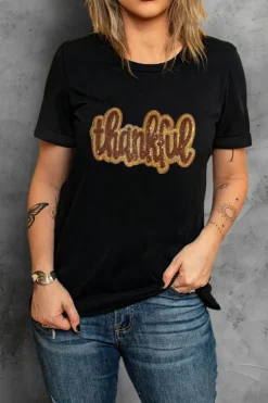 Best Dear-Lover Sequined Thankful Round Neck Graphic Tee Black