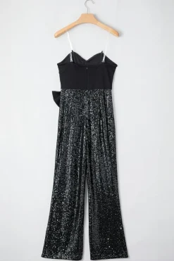Discount Dear-Lover Sequined Tube Top Waist Knot Wide Leg Jumpsuit Black