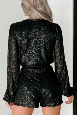 Best Dear-Lover Sequined V Neck Wrapped Long Sleeve Romper Black