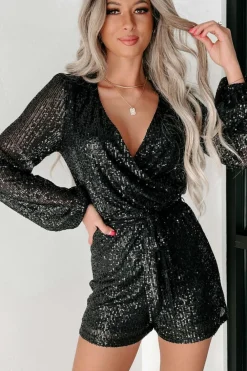 Best Dear-Lover Sequined V Neck Wrapped Long Sleeve Romper Black