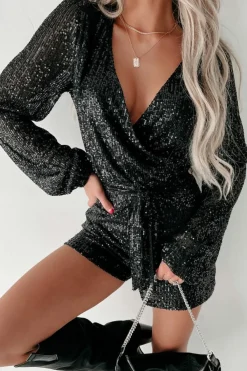 Best Dear-Lover Sequined V Neck Wrapped Long Sleeve Romper Black