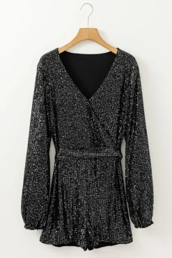 Best Dear-Lover Sequined V Neck Wrapped Long Sleeve Romper Black