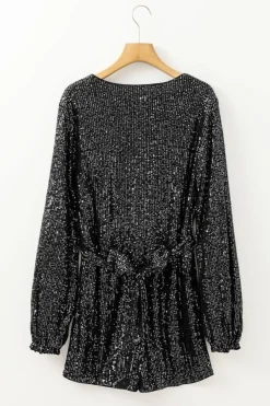 Best Dear-Lover Sequined V Neck Wrapped Long Sleeve Romper Black