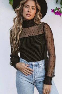 Outlet Dear-Lover Sheer Dotty Long Sleeve Ribbed Velvet Bodysuit Black