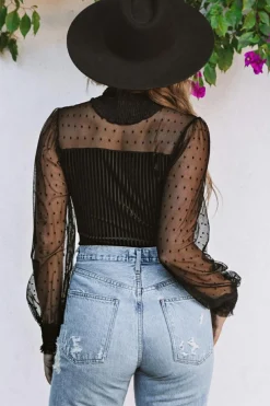 Outlet Dear-Lover Sheer Dotty Long Sleeve Ribbed Velvet Bodysuit Black