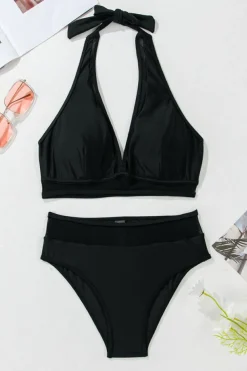 Discount Dear-Lover Sheer Mesh Edged Halter V Neck Push Up Bikini Black