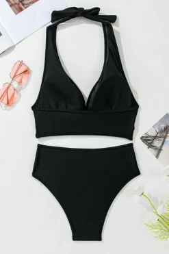 Discount Dear-Lover Sheer Mesh Edged Halter V Neck Push Up Bikini Black