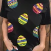 Clearance Dear-Lover Shimmer Easter Eggs Print T-shirt Black