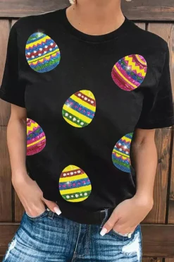 Clearance Dear-Lover Shimmer Easter Eggs Print T-shirt Black