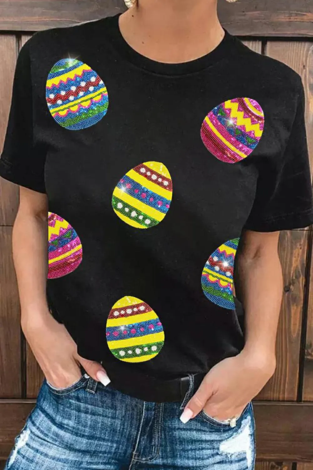 Clearance Dear-Lover Shimmer Easter Eggs Print T-shirt Black