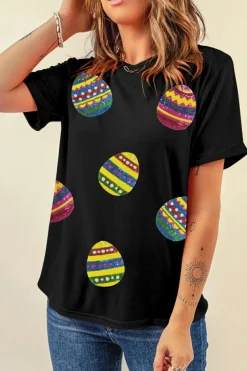Clearance Dear-Lover Shimmer Easter Eggs Print T-shirt Black