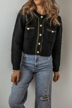 Outlet Dear-Lover Shimmer Flap Pocket Button up Cardigan Black