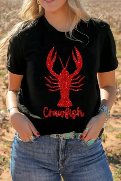 Clearance Dear-Lover Shimmering Crawfish Graphic Tee Black