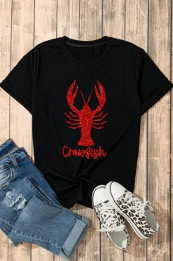 Clearance Dear-Lover Shimmering Crawfish Graphic Tee Black