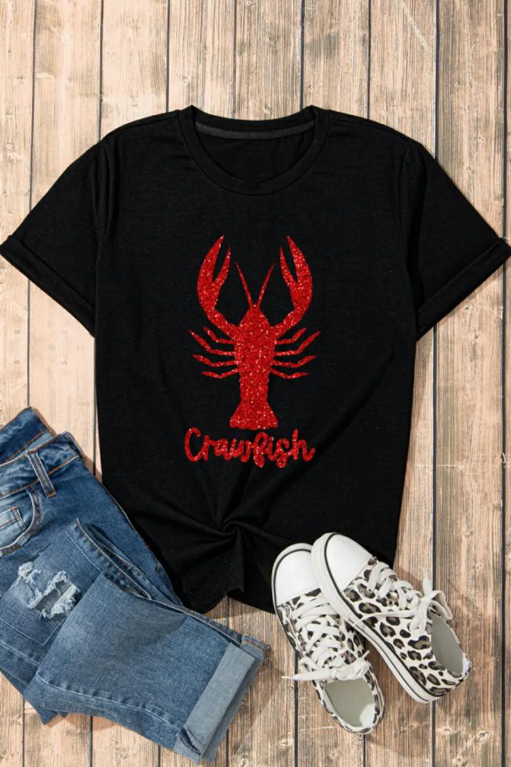 Clearance Dear-Lover Shimmering Crawfish Graphic Tee Black