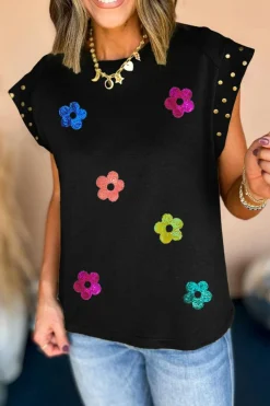Discount Dear-Lover Shiny Flower Graphic Studded Cap Sleeve T Shirt Black