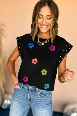 Discount Dear-Lover Shiny Flower Graphic Studded Cap Sleeve T Shirt Black
