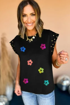Discount Dear-Lover Shiny Flower Graphic Studded Cap Sleeve T Shirt Black