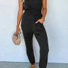 Outlet Dear-Lover Shirred High Waist Sleeveless V Neck Jumpsuit Black