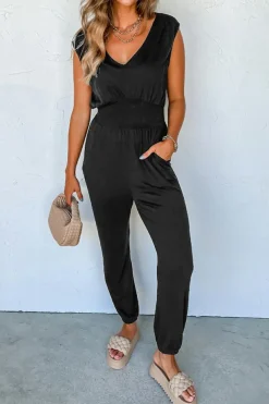 Outlet Dear-Lover Shirred High Waist Sleeveless V Neck Jumpsuit Black