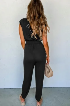 Outlet Dear-Lover Shirred High Waist Sleeveless V Neck Jumpsuit Black