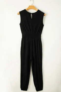 Outlet Dear-Lover Shirred High Waist Sleeveless V Neck Jumpsuit Black
