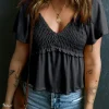 Best Dear-Lover Shirred V Neck Short Flutter Sleeve Textured Blouse Black