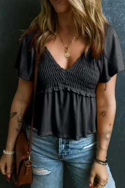 Best Dear-Lover Shirred V Neck Short Flutter Sleeve Textured Blouse Black