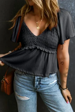 Best Dear-Lover Shirred V Neck Short Flutter Sleeve Textured Blouse Black