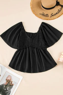 Best Dear-Lover Shirred V Neck Short Flutter Sleeve Textured Blouse Black