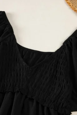Best Dear-Lover Shirred V Neck Short Flutter Sleeve Textured Blouse Black
