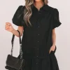 Sale Dear-Lover Shirt Style Button Down Puff Sleeve Ruffle Hem Dress Black