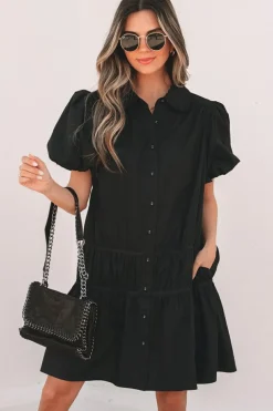 Sale Dear-Lover Shirt Style Button Down Puff Sleeve Ruffle Hem Dress Black