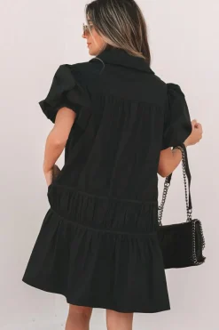 Sale Dear-Lover Shirt Style Button Down Puff Sleeve Ruffle Hem Dress Black
