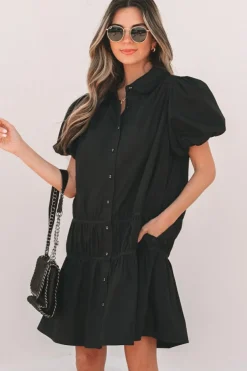 Sale Dear-Lover Shirt Style Button Down Puff Sleeve Ruffle Hem Dress Black